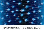 Vector image. Glowing symbols of modern digital currencies in perspective. Bitcoin, blockchain and cryptocurrencies. Mining and digital settlement technologies. Binary code in the background. 