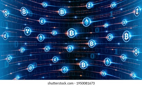 Vector image. Glowing symbols of modern digital currencies in perspective. Bitcoin, blockchain and cryptocurrencies. Mining and digital settlement technologies. Binary code in the background. 