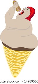 Vector image of gluttony in the form of a woman looking like an ice cream with a hot dog in her hand.