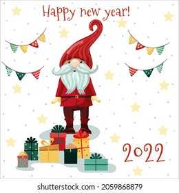 Vector image with a gnome, gift boxes, flags, snow and an inscription. Illustration for postcards, posters and stationery.