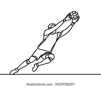 Vector image of a goalkeeper catching the ball, in a linear style, on a white background.