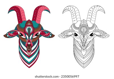 Vector image of a goat's head from geometric shapes and an outline image for coloring. Cartoon. EPS 10
