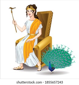 Vector image of the Goddess Hera sitting on a throne with a staff with a cuckoo and a peacock walking nearby