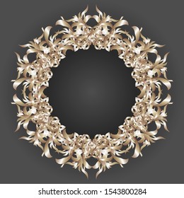 Vector image of a gold, carved, round frame on a gray background.