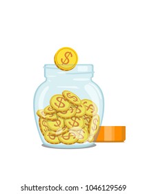 Vector image of gold coins in a glass, transparent jar with a lid. Isolated picture on white background. Option how to save money.