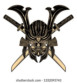 Vector image of a gold helmet of the Samurai against short swords. Fighting mask of the soldier. Mythical Japanese warrior. Illustrations for t shirt print. Black tattoo. Vector illustration.