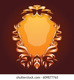 Vector image of a gold heraldic shield with curls, ribbons and leaves on a dark red background. Coat of arms, heraldry, emblem, symbol. Color image. Vector illustration.