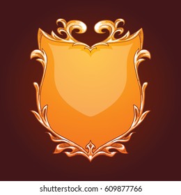 Vector image of a gold heraldic shield with leaves on a dark red background. Coat of arms, heraldry, emblem, symbol. Color image. Vector illustration.