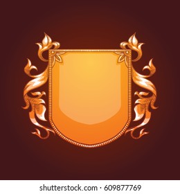 Vector image of a gold heraldic shield with leaves and curls on a dark red background. Coat of arms, heraldry, emblem, symbol. Color image. Vector illustration.
