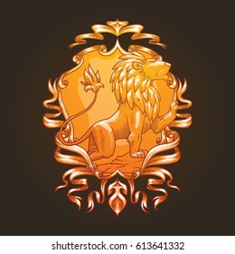 Vector image of a gold heraldic shield with curls, ribbons and leaves and with a gold heraldic lion looking to the right in the center on a dark background. Coat of arms, heraldry, emblem, symbol.