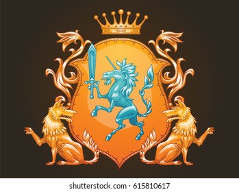 Vector image of a gold heraldic shield with a crown, with a silver unicorn in the center and with gold wolves on the edges on a dark background. Coat of arms, heraldry, emblem, symbol. Color image.