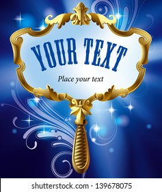 Vector Image Of Gold Magic Mirror On The Luminous Blue Starry Background With Decorative Elements