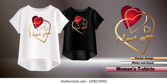 Vector image of a gold ornament of hearts on black and white t-shirts. Vector image of a gold and red heart. Isolated black and white t-shirts on a gray background. Vector illustration.