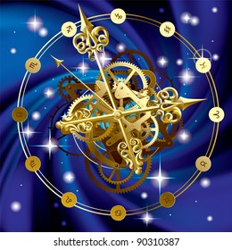 Vector image of gold round clock with decorative hour hands, cogwheels and zodiacal symbols on starry sky.