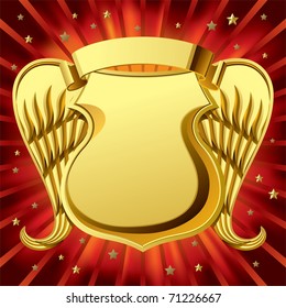 Vector image of gold shield and banner with wings against a red luminous background