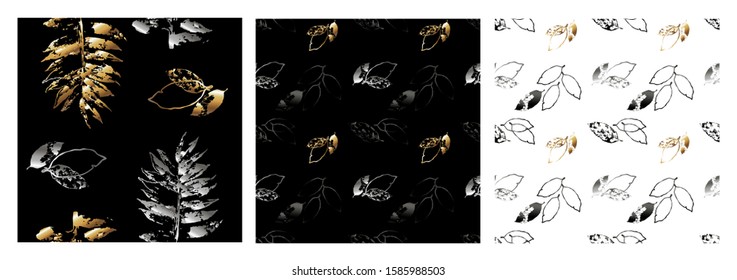 Vector image of gold, silver and black leaves. Prints for textiles and wrapping paper.
