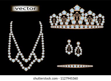 Vector image of gold tiara jewelry set, crown earrings, necklace and diamond bracelet, decorated with precious stones in gold frame.