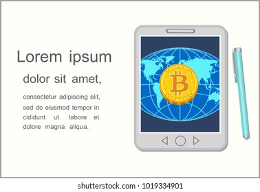 Vector image of golden bitcoin on screen of tablet PC on blue background of world model. Banner with space for text.