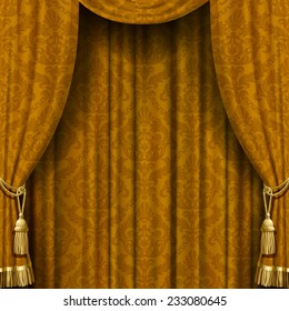 Vector image of golden curtain with Baroque ornament. Square theater background. Artistic poster