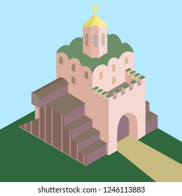 Vector image of the golden gates of Kiev. Historical monument of architecture of Ukraine. Golden Gate of Kiev in Ukraine. Three-dimensional architektur.