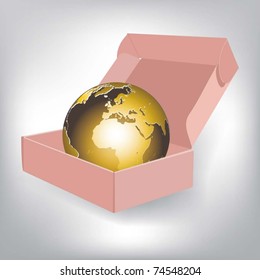 Imagen vectorial. Globo dorado en caja aislado en fondo blanco