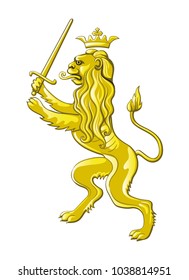Vector image of a Golden heraldic lion in a crown and with a sword