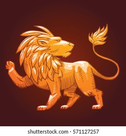 Vector image of a golden heraldic lion with a big mane standing and looking behind his back on a dark background. Coat of arms, heraldry, emblem, symbol. Vector illustration.