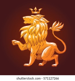 Vector image of a golden heraldic lion with a big mane sitting turned left with a crown on his head on a dark background. Coat of arms, heraldry, emblem, symbol. Vector illustration.
