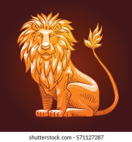 Vector image of a golden heraldic lion with a big mane sitting on a dark background. Coat of arms, heraldry, emblem, symbol. Vector illustration.
