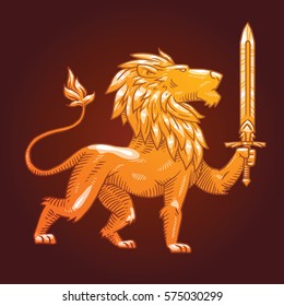 Vector image of a golden heraldic lion with a big mane standing turned to the right with a sword in his paw on a dark background. Coat of arms, heraldry, emblem, symbol. Vector illustration.