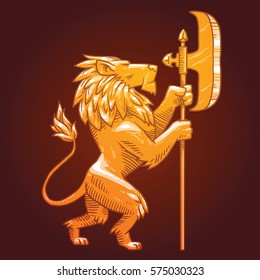 Vector image of a golden heraldic lion with a big mane standing turned to the right with a halberd in his paws on a dark background. Coat of arms, heraldry, emblem, symbol. Vector illustration.