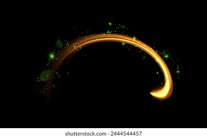 Vector image of a golden magical arcing flow accompanied by green glowing particles and delicate petals on an isolated black background, ideal for game design.
