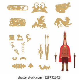 Vector image of the Golden man costume of the Scythian period, found during excavations with separate Golden elements