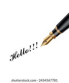 Vector image of the golden pen and the text with the word Hello written with black ink isolated on the white background.
