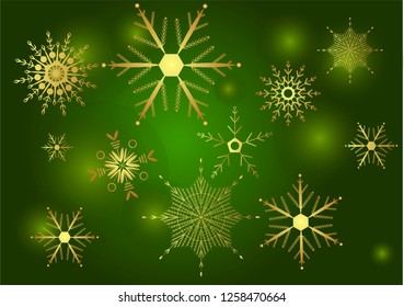 Vector image of golden snowflakes on a green background. Unusual golden glow of snowflakes