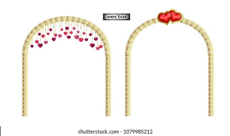 Vector image. Golden wedding arch with hearts, wedding holiday decor, decoration for celebrations, anniversaries. Realistic 3D illustration isolated on white background.
