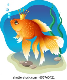 Vector image of a goldfish in a Golden crown, floating deep in the blue sea