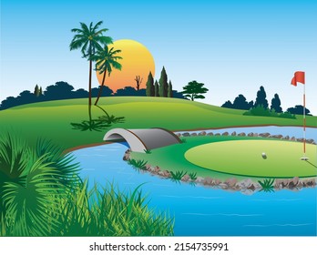 Vector image. Golf course in the water.