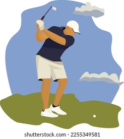 Imagen vectorial de un jugador de golf. Juegos deportivos a lo lejos. Ilustración. Iconos e ilustraciones de jugadores de golf en estilo vectorial.