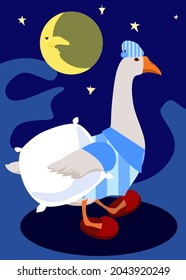 vector image of a goose in pajamas and a cap with a pompom holding a soft pad under the wing in slippers on the legs walking to the bed in the light of the moon and stars on a dark background