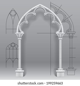 Vector image of the gothic arch against a paper background with architectural draft