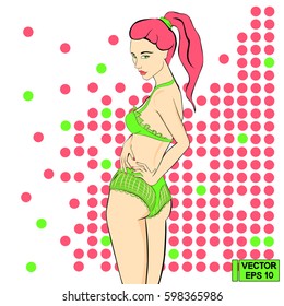 Vector image. Graceful girl in a bathing suit. Sexy woman in green underwear