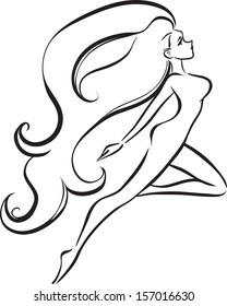 Vector image of graceful woman with long hair/Slender girl with long thick hair