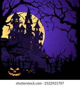 Vector Image Gradient Halloween background with jack lantern pumpkins and bats. Vector illustration night landscape with a huge moon and a castle with bats. in the foreground are evil pumpkins under