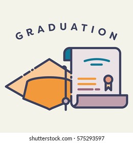 Vector image of graduation cap and degree with text graduation day against white background