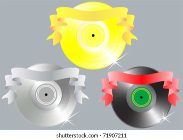 Vector image of gramophone disc and a yellow ribbon