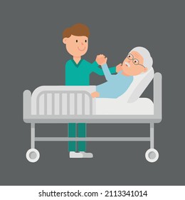 vector image of a grandfather on a stretcher being examined by a doctor.