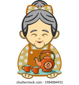 vector image of grandma character serving hot tea with traditional kettle