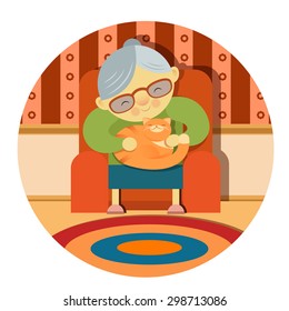 Vector image of a grandmother and her cat