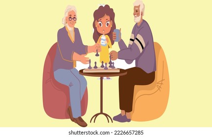 vector image of grandparents teaching their grandchildren chess
